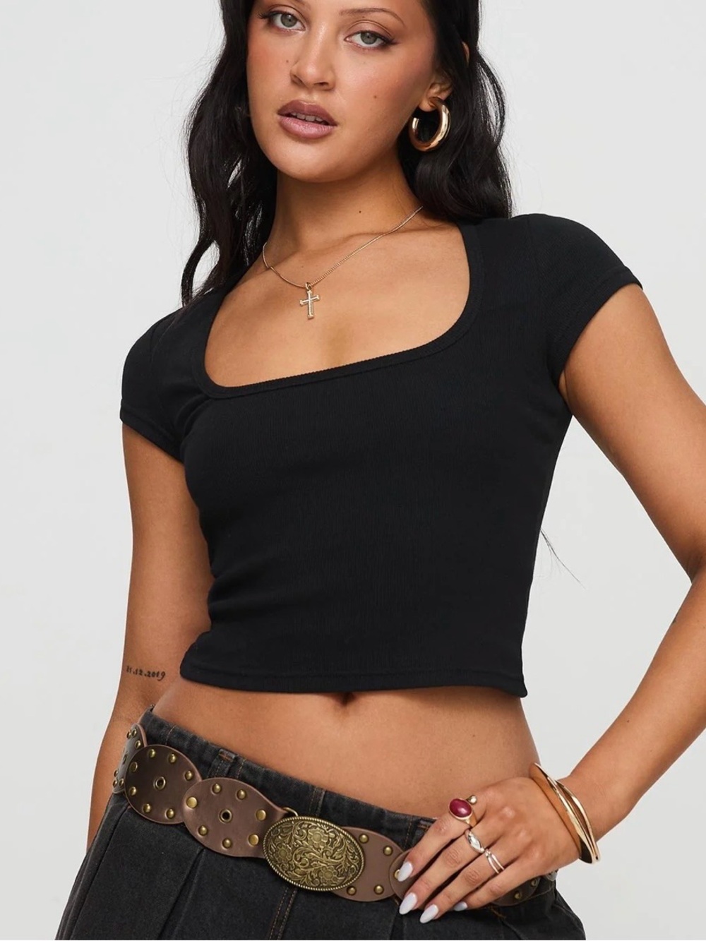 Princess Polly Black Ribbed Square-Neck Crop Top